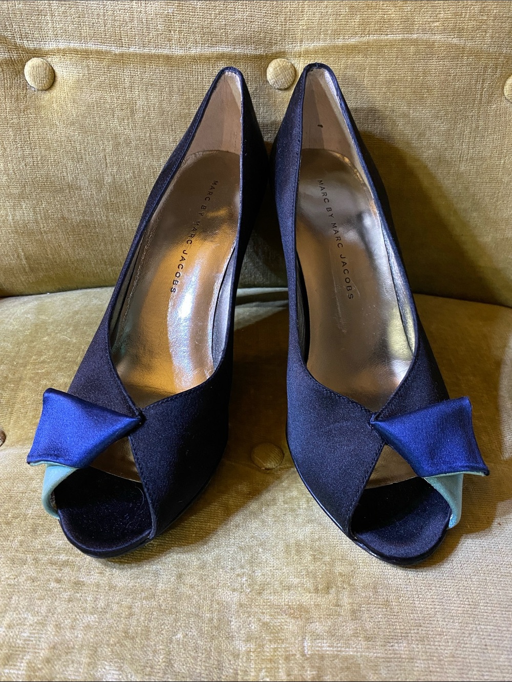 Marc Jacobs satin  with structured  heels, about 3 1/2 “, never used